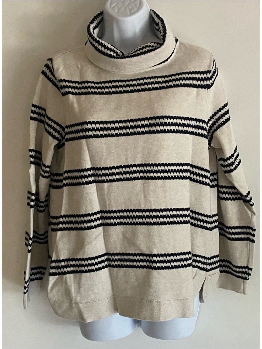 Tommy Hilfiger Cream and Navy Striped Turtleneck Sweater